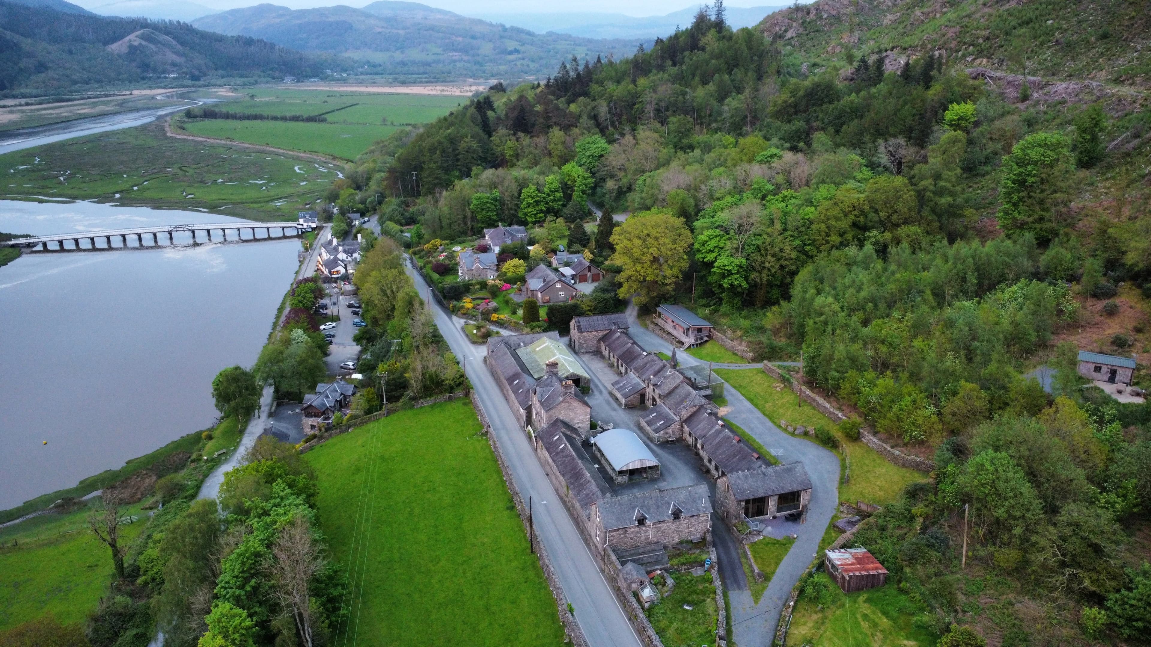 Aerial view of Penmaenucha Farm and the Mawddach Estuary